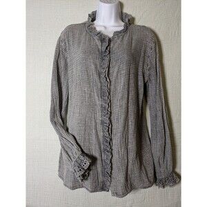 Grey Gauze Waffle Button up Eyelet Lace Ruffle Long Sleeve Women's Shirt Small